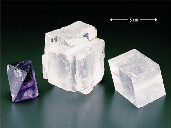 3 Cleavage planes, Fluorite, Halite, Calcite 