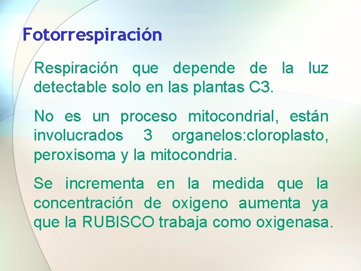 Fotorrespiración Respiración que depende de la luz detectable solo en las plantas C 3.