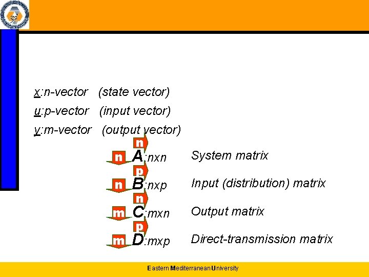 x: n-vector (state vector) u: p-vector (input vector) y: m-vector (output vector) n n