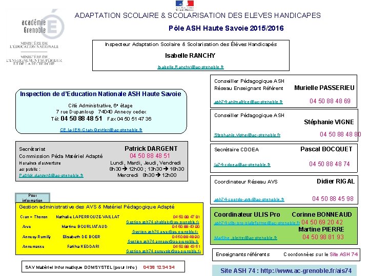 ADAPTATION SCOLAIRE & SCOLARISATION DES ELEVES HANDICAPES Pôle ASH Haute Savoie 2015/2016 Inspecteur Adaptation