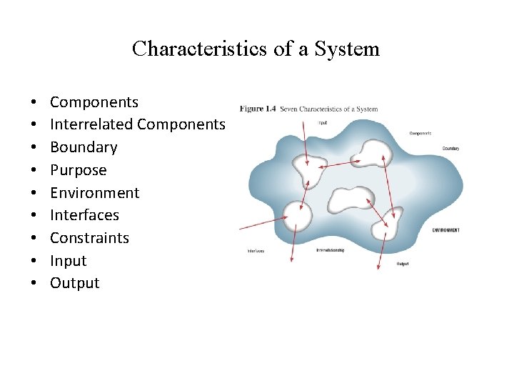 Characteristics of a System • • • Components Interrelated Components Boundary Purpose Environment Interfaces