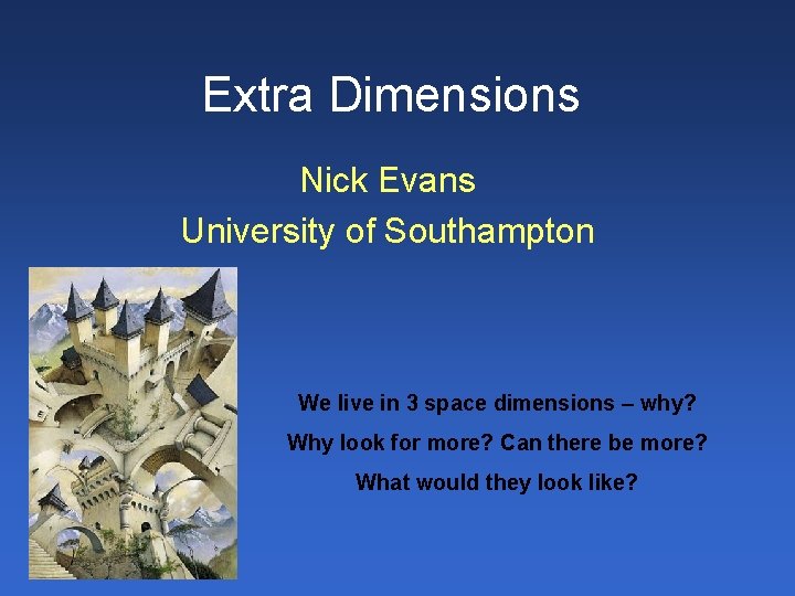 Extra Dimensions Nick Evans University of Southampton We live in 3 space dimensions –