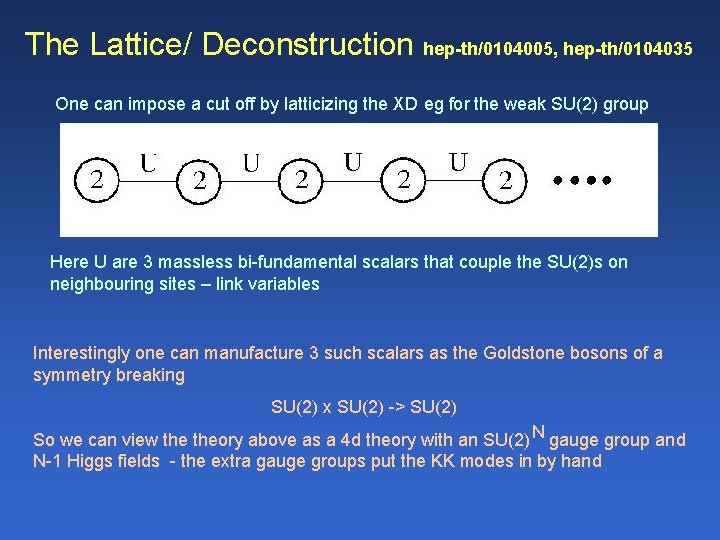 The Lattice/ Deconstruction hep-th/0104005, hep-th/0104035 One can impose a cut off by latticizing the