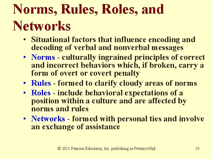 Norms, Rules, Roles, and Networks • Situational factors that influence encoding and decoding of Norms, Rules, Roles, and Networks • Situational factors that influence encoding and decoding of