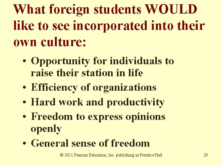 What foreign students WOULD like to see incorporated into their own culture: • Opportunity What foreign students WOULD like to see incorporated into their own culture: • Opportunity