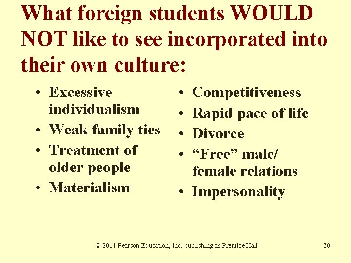 What foreign students WOULD NOT like to see incorporated into their own culture: • What foreign students WOULD NOT like to see incorporated into their own culture: •