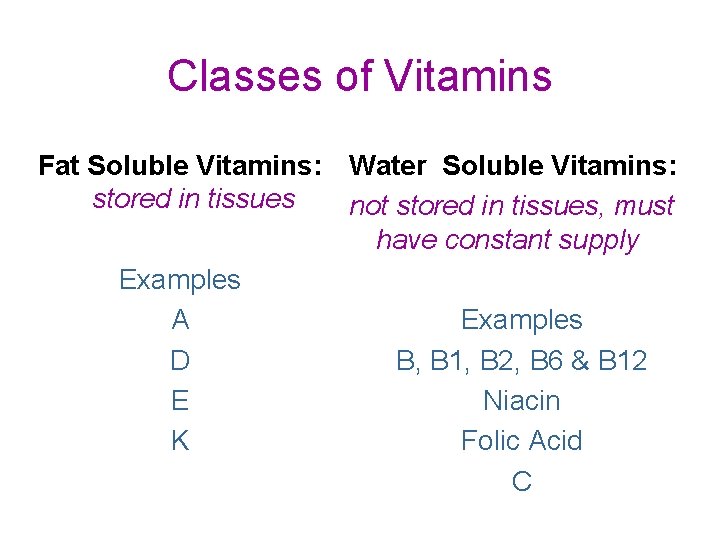 Classes of Vitamins Fat Soluble Vitamins: Water Soluble Vitamins: stored in tissues not stored