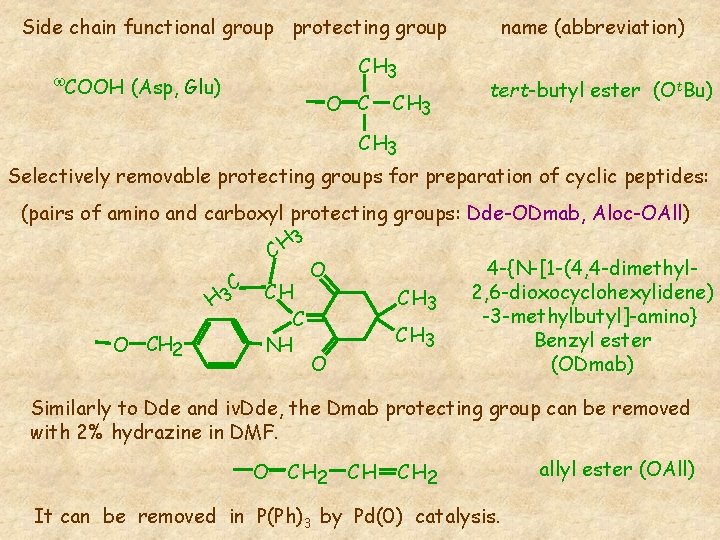 Side chain functional group protecting group CH 3 w. COOH (Asp, Glu) O C