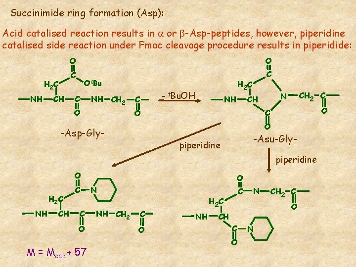 Succinimide ring formation (Asp): Acid catalised reaction results in a or b-Asp-peptides, however, piperidine