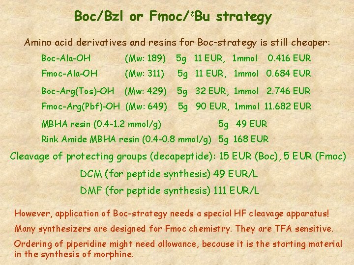 Boc/Bzl or Fmoc/t. Bu strategy Amino acid derivatives and resins for Boc-strategy is still
