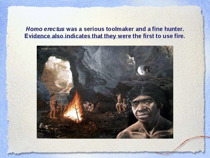 Homo erectus was a serious toolmaker and a fine hunter. Evidence also indicates that