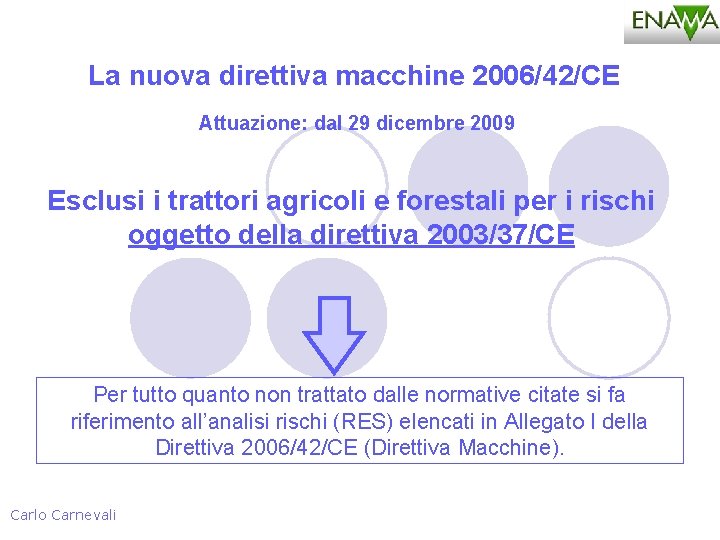 La nuova direttiva macchine 2006/42/CE Attuazione: dal 29 dicembre 2009 Esclusi i trattori agricoli