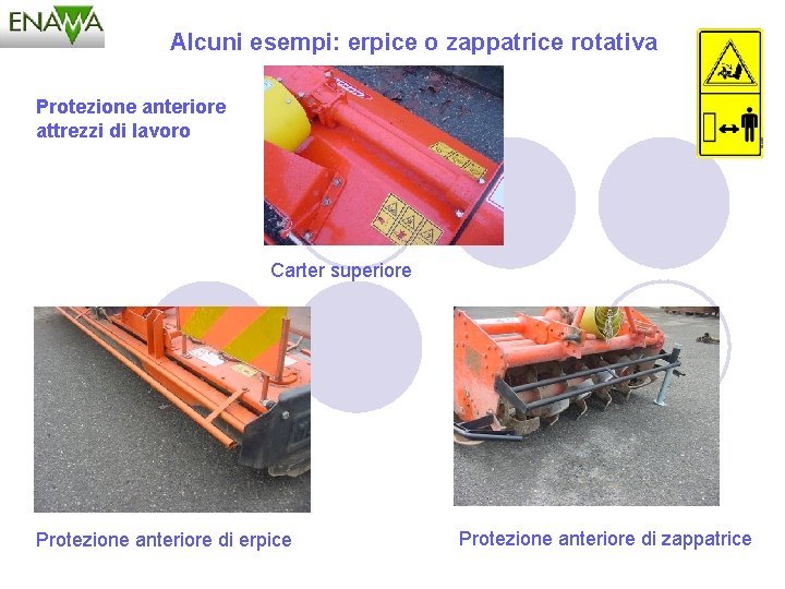 Alcuni esempi: erpice o zappatrice rotativa Protezione anteriore attrezzi di lavoro Carter superiore Protezione