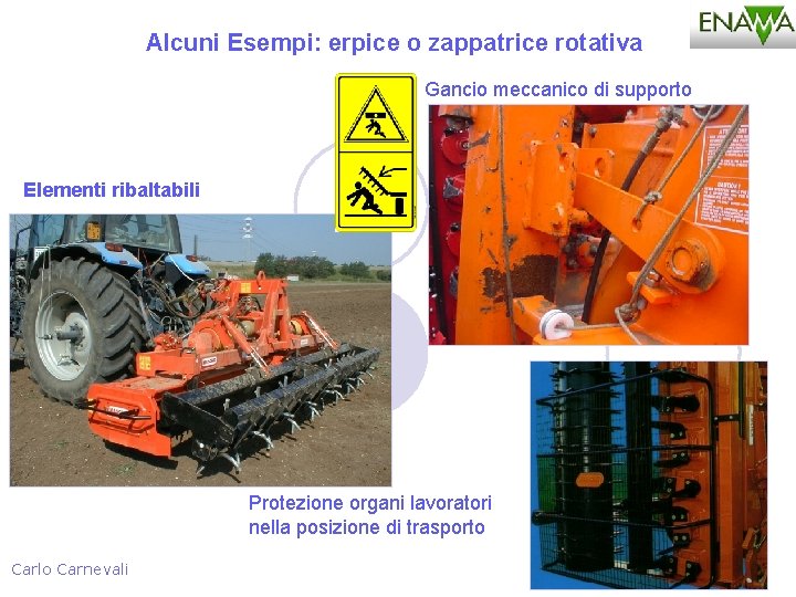 Alcuni Esempi: erpice o zappatrice rotativa Gancio meccanico di supporto Elementi ribaltabili Protezione organi