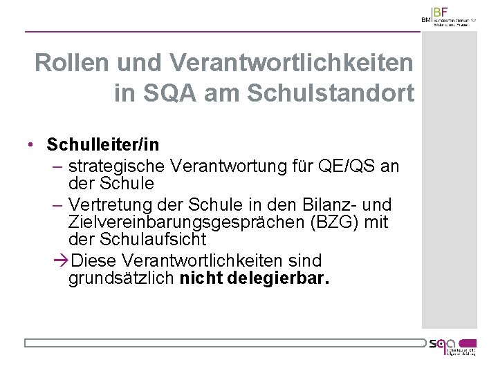 Rollen und Verantwortlichkeiten in SQA am Schulstandort • Schulleiter/in – strategische Verantwortung für QE/QS