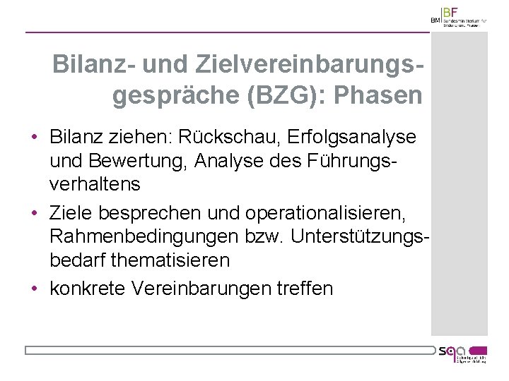 Bilanz- und Zielvereinbarungsgespräche (BZG): Phasen • Bilanz ziehen: Rückschau, Erfolgsanalyse und Bewertung, Analyse des