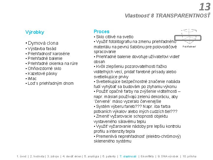 13 Vlastnosť 8 TRANSPARENTNOSŤ Výrobky • Dymová clona • Výstavba fasád • Priehľadnosť karosérie