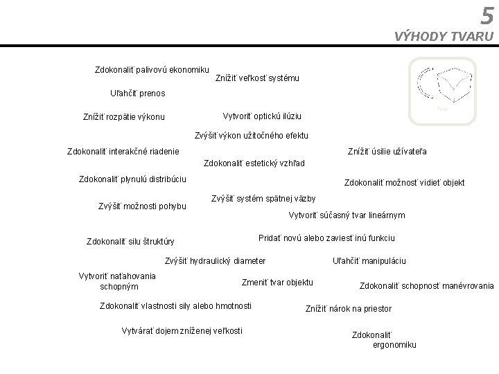 5 VÝHODY TVARU Zdokonaliť palivovú ekonomiku Znížiť veľkosť systému Uľahčiť prenos Tvar Vytvoriť optickú