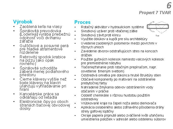 6 Propert 7 TVAR Výrobok • • Zaoblená kefa na vlasy Špirálovitá prevodovka (Lodenka)