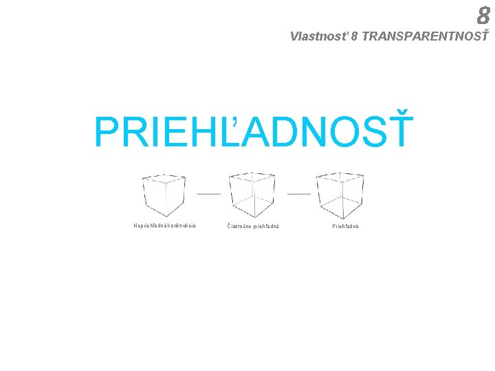 8 Vlastnosť 8 TRANSPARENTNOSŤ PRIEHĽADNOSŤ Nepriehľadná konštrukcia Čiastočne priehľadná Priehľadná 