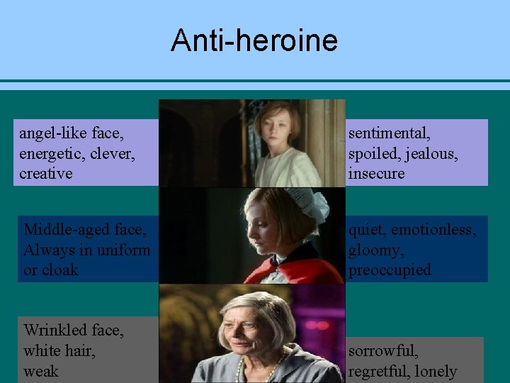 Anti-heroine angel-like face, energetic, clever, creative sentimental, spoiled, jealous, insecure Middle-aged face, Always in