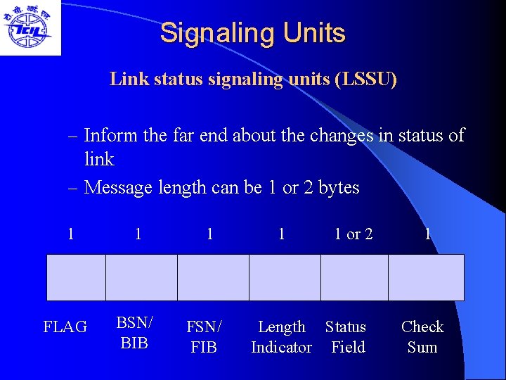 Signaling Units Link status signaling units (LSSU) – Inform the far end about the