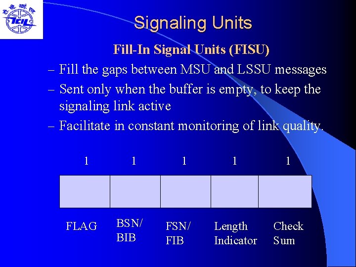 Signaling Units Fill-In Signal Units (FISU) – Fill the gaps between MSU and LSSU