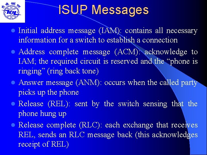 ISUP Messages l l l Initial address message (IAM): contains all necessary information for