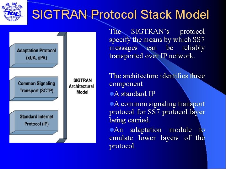 SIGTRAN Protocol Stack Model The SIGTRAN’s protocol specify the means by which SS 7