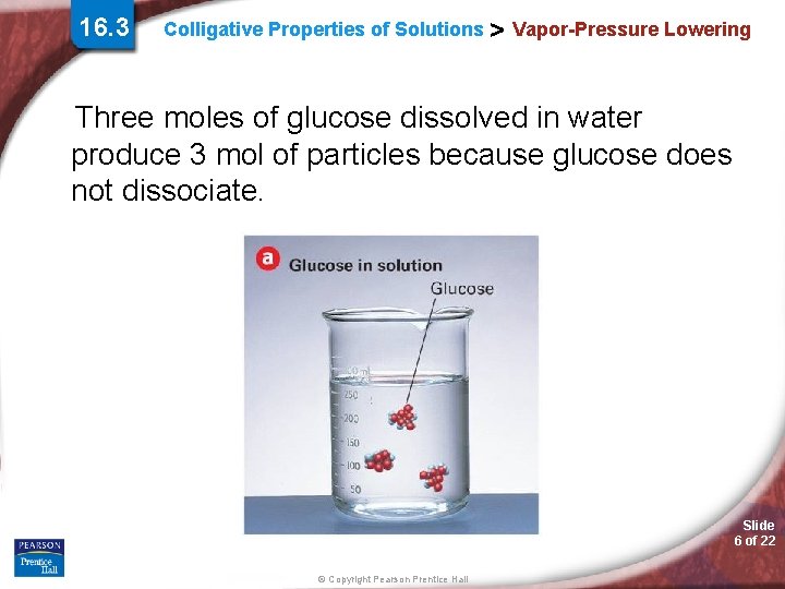 16. 3 Colligative Properties of Solutions > Vapor-Pressure Lowering Three moles of glucose dissolved 16. 3 Colligative Properties of Solutions > Vapor-Pressure Lowering Three moles of glucose dissolved