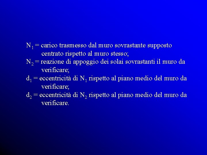 N 1 = carico trasmesso dal muro sovrastante supposto centrato rispetto al muro stesso;