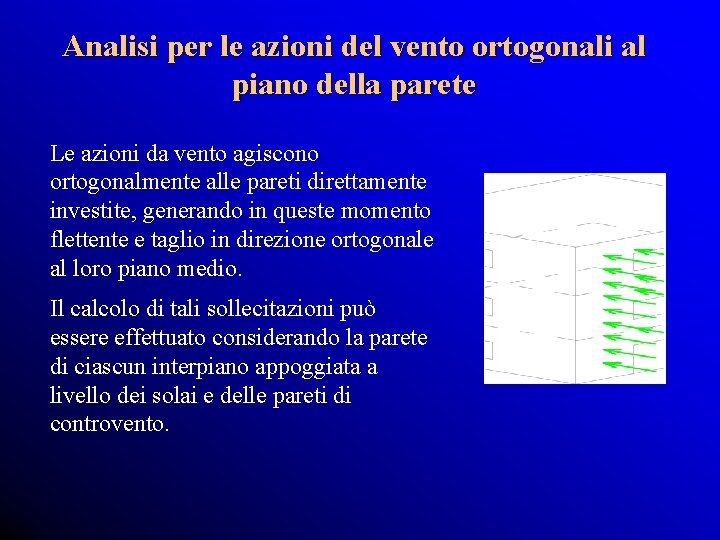 Analisi per le azioni del vento ortogonali al piano della parete Le azioni da