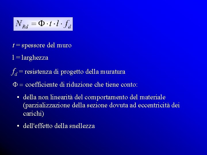 t = spessore del muro l = larghezza fd = resistenza di progetto della