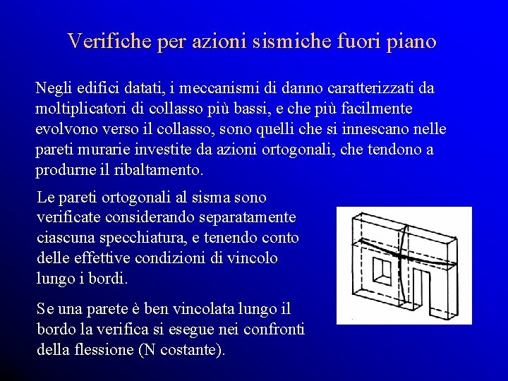 Verifiche per azioni sismiche fuori piano Negli edifici datati, i meccanismi di danno caratterizzati