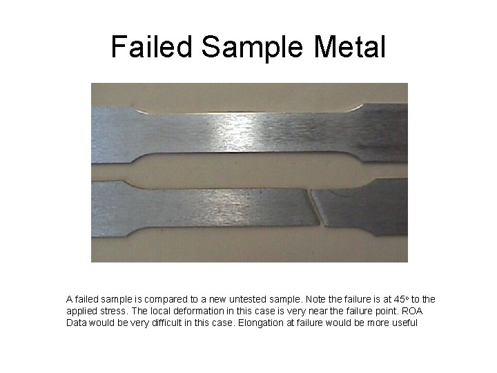 Failed Sample Metal A failed sample is compared to a new untested sample. Note