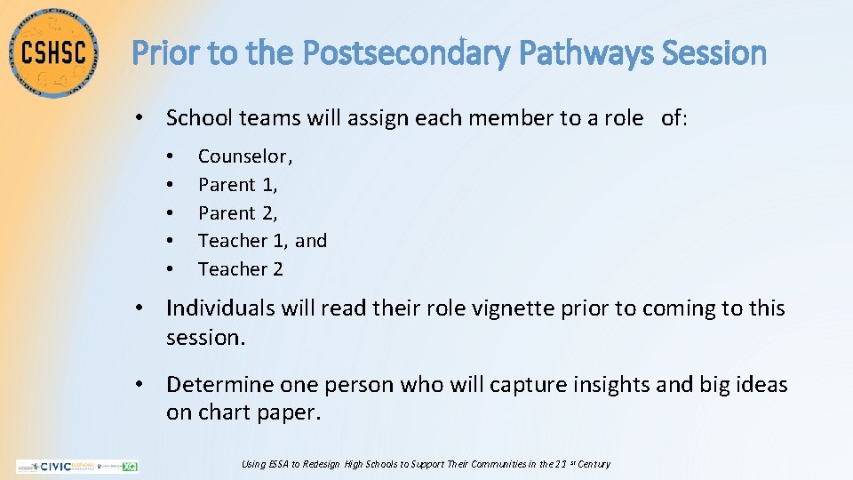Prior to the Postsecondary Pathways Session • School teams will assign each member to