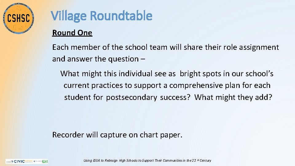 Village Roundtable Round One Each member of the school team will share their role