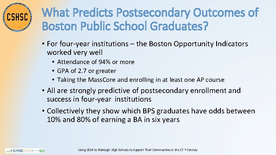 What Predicts Postsecondary Outcomes of Boston Public School Graduates? • For four-year institutions –