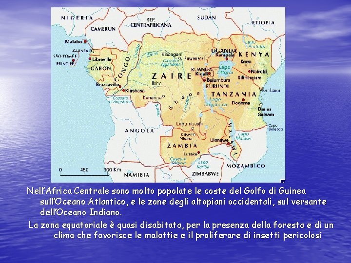 Nell’Africa Centrale sono molto popolate le coste del Golfo di Guinea sull’Oceano Atlantico, e