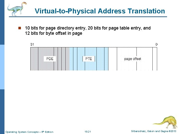 Virtual-to-Physical Address Translation n 10 bits for page directory entry, 20 bits for page