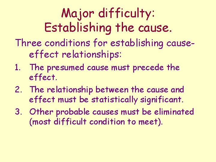 Major difficulty: Establishing the cause. Three conditions for establishing causeeffect relationships: 1. The presumed