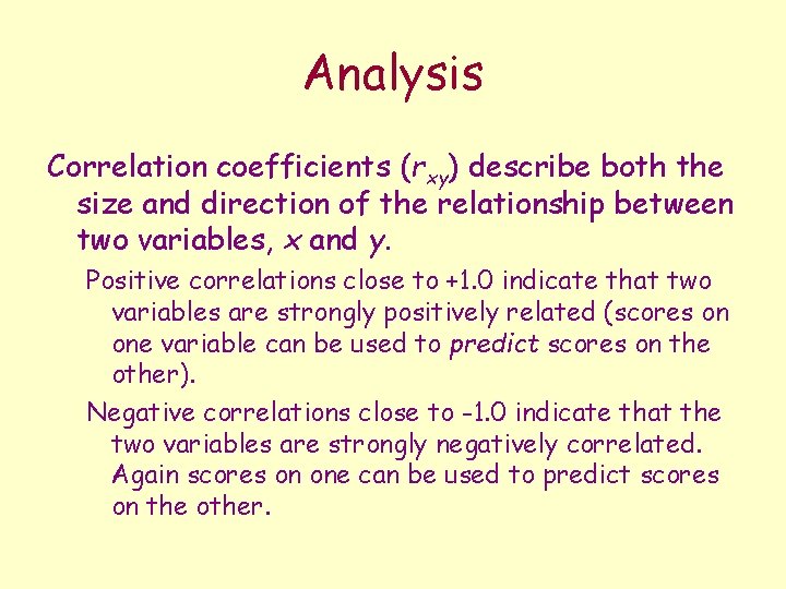 Analysis Correlation coefficients (rxy) describe both the size and direction of the relationship between