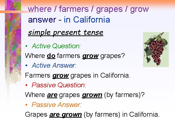 where / farmers / grapes / grow answer - in California simple present tense