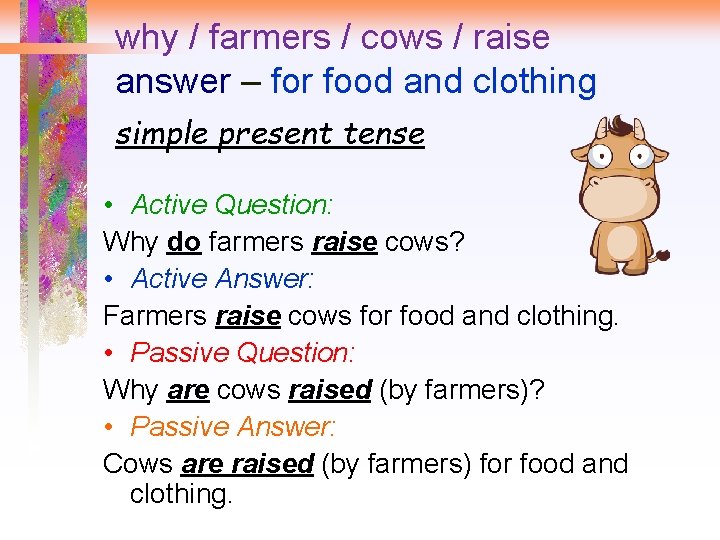 why / farmers / cows / raise answer – for food and clothing simple