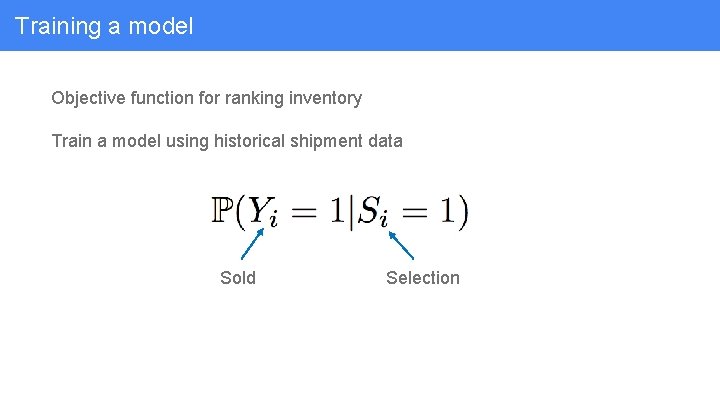 Training a model Objective function for ranking inventory Train a model using historical shipment