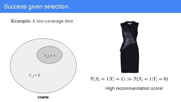 Success given selection Example: A low-coverage item Y_i = 1 Y_i = 0 High