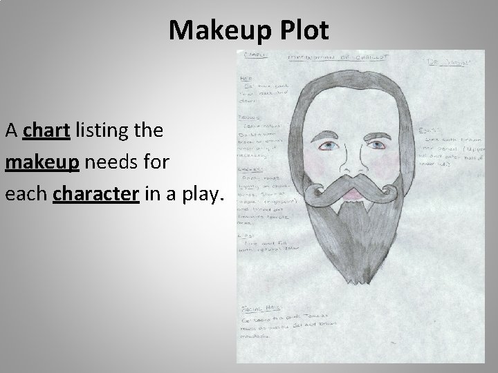 Makeup Plot A chart listing the makeup needs for each character in a play.