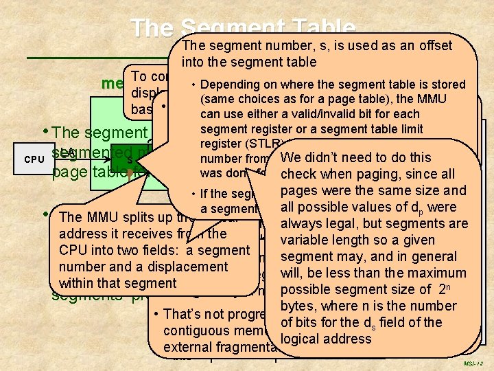 The Segment Table The segment number, s, is used as an offset into the