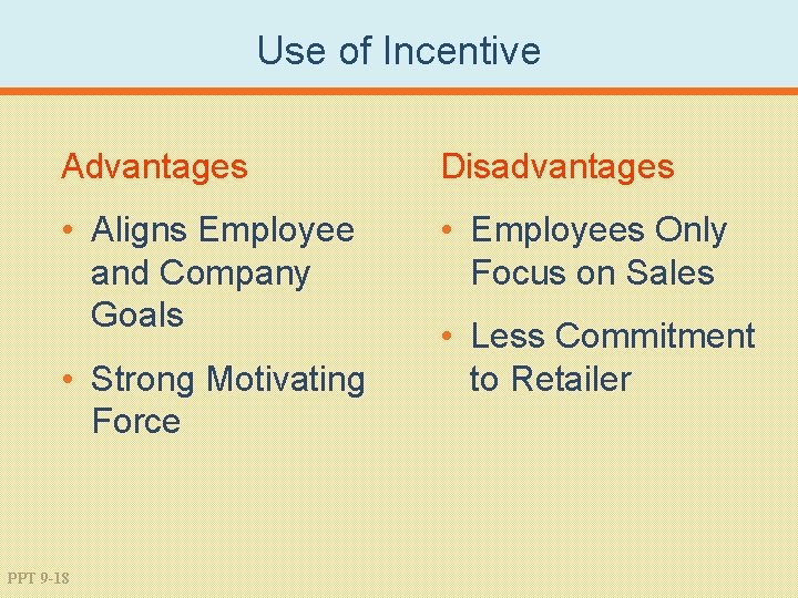 Use of Incentive Advantages Disadvantages • Aligns Employee and Company Goals • Employees Only