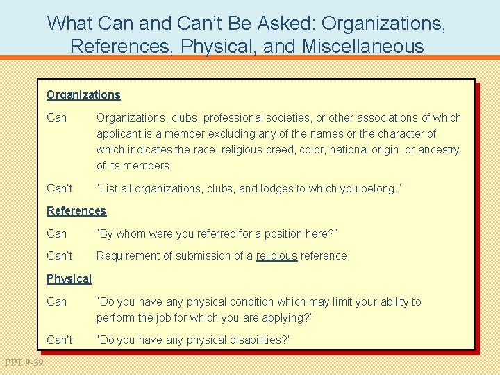 What Can and Can’t Be Asked: Organizations, References, Physical, and Miscellaneous Organizations Can Organizations,